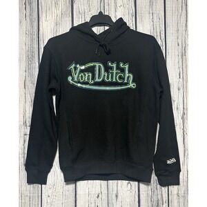 Von Dutch Hoodie Black Mens Med Green Spellout‎ Center Logo 3D Fleece Drawstring
